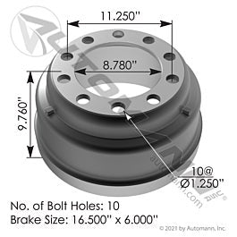 Automann 151.6602BA Brake Drum 16.500 in. X 6.000 in.10 Hole