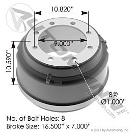 Automann 151.6712 Brake Drum 16.500in X 7.000in