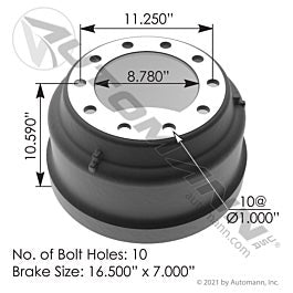 Automann 151.6726BATR Brake Drum 16.500in X 7.000in