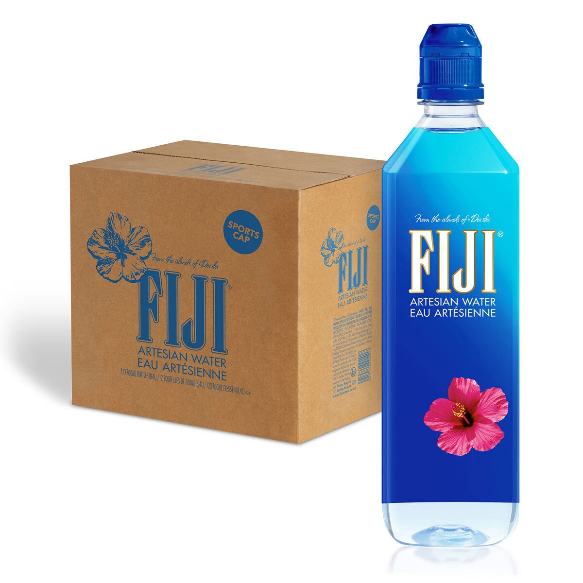 FIJI Natural Artesian Water Sports Cap, 700 mL Bottles - Case of 12