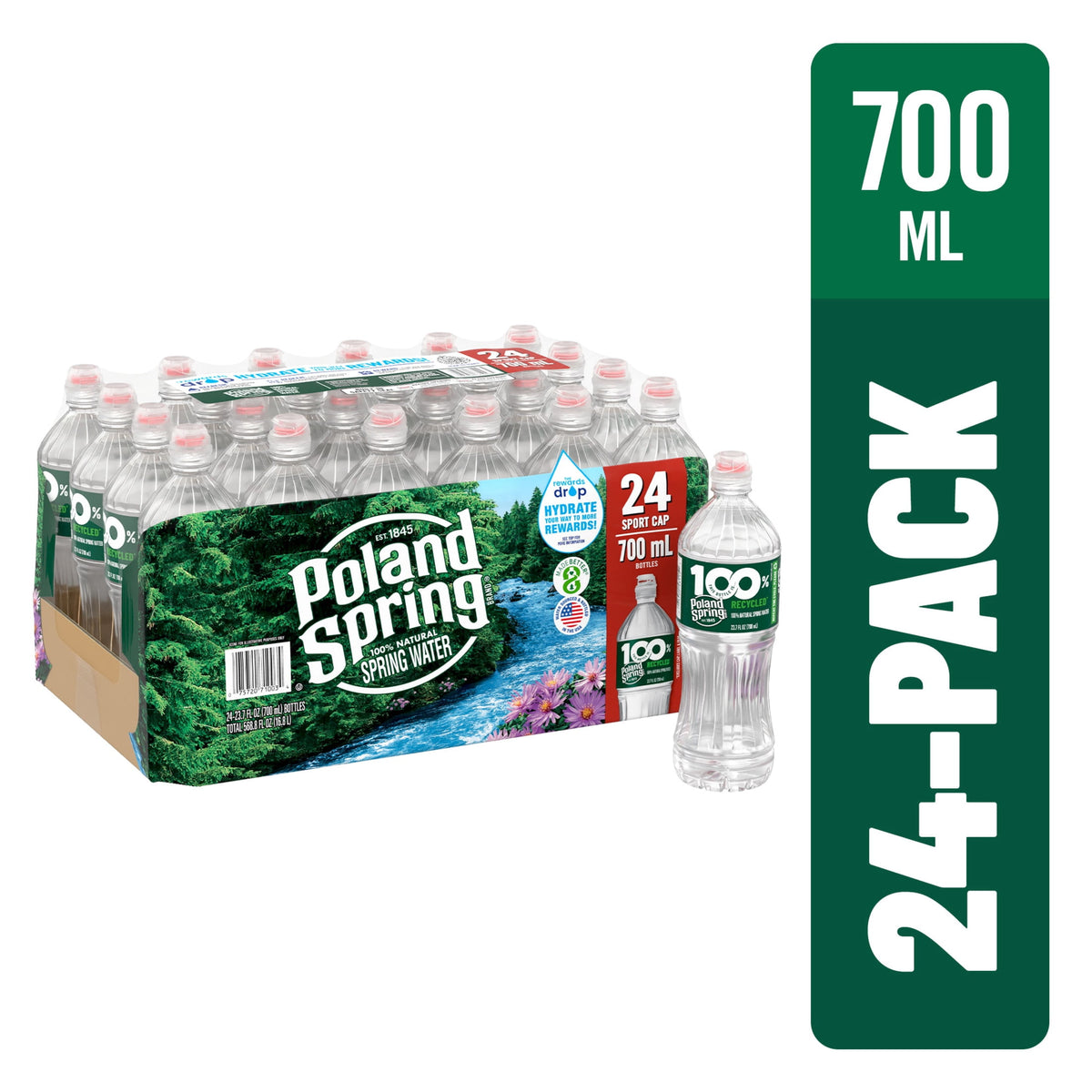 Poland Spring 100% Natural Spring Water, 23.7 fl oz Sport Cap Bottles - Pack of 24