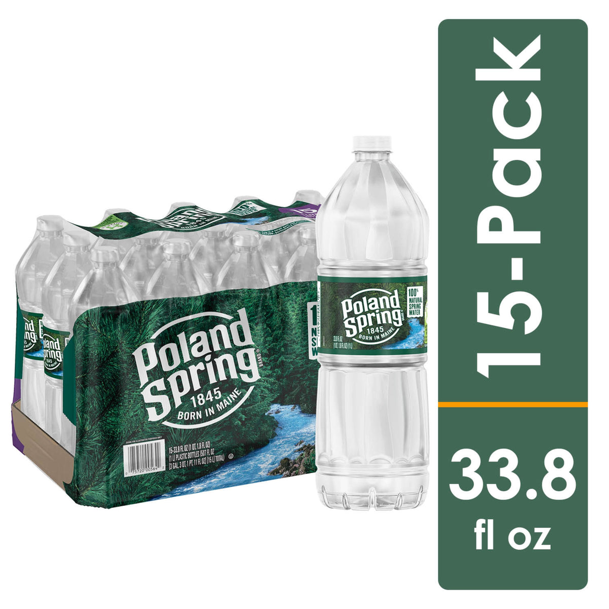 Poland Spring 100% Natural Spring Water, 1 Liter Bottles - Pack of 15