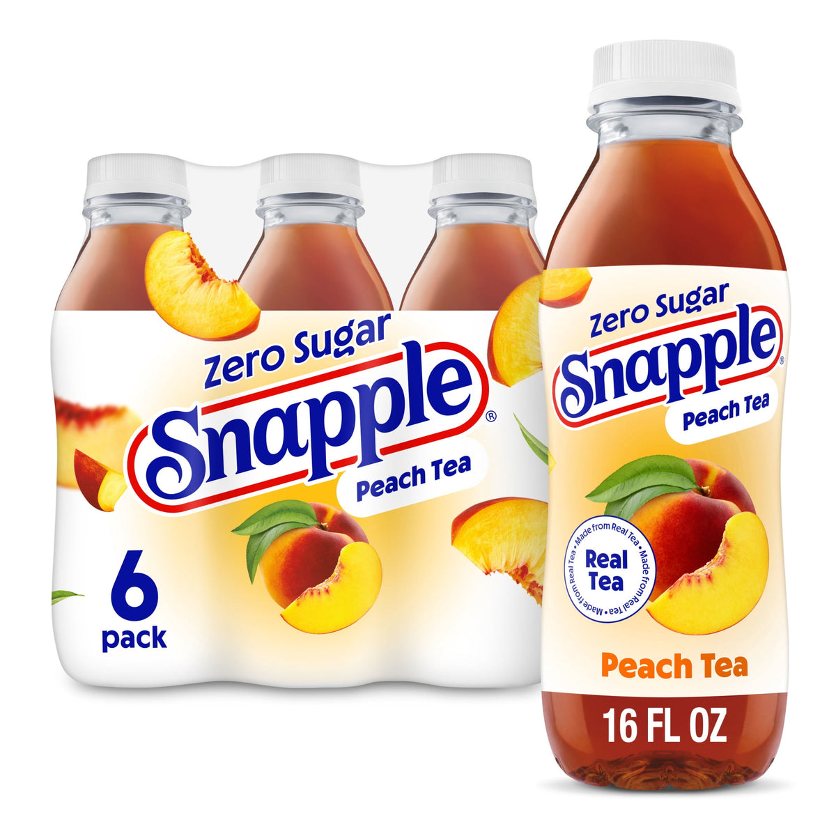 Snapple Zero Sugar Peach Tea, 16 fl oz Glass Bottles - Case of 24