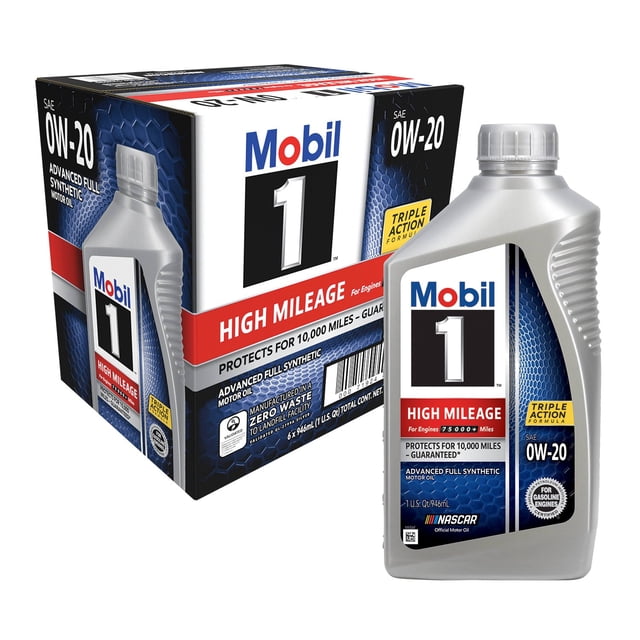 Mobil 1 High Mileage 0W-20 Full Synthetic Motor Oil - Case of 6 x 1 Qt (122535)