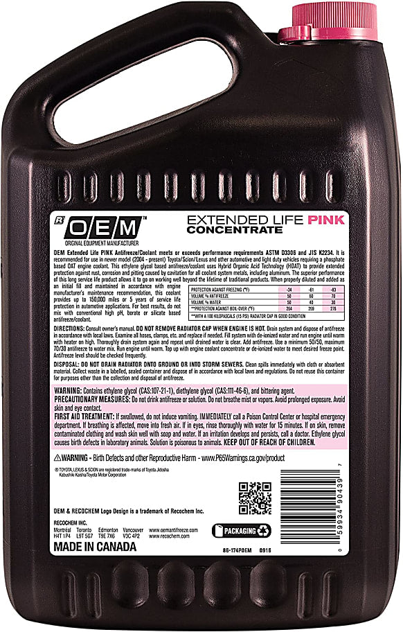 Recochem OEM Extended Life Pink Concentrate Antifreeze/Coolant for Toyota/Lexus/Scion (4 x 1 Gal) - 86-174POEM