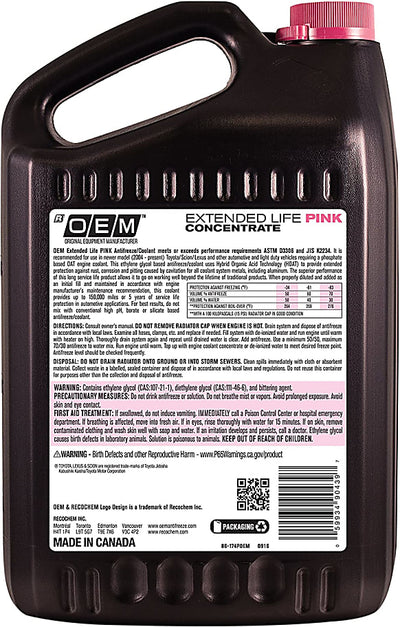 Recochem OEM Extended Life Pink Concentrate Antifreeze/Coolant for Toyota/Lexus/Scion (4 x 1 Gal) - 86-174POEM