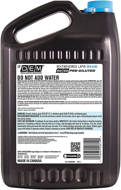 Recochem OEM Extended Life Blue 50/50 Antifreeze/Coolant for Asian Vehicles (4 x 1 Gal) - 86-184BOEMH