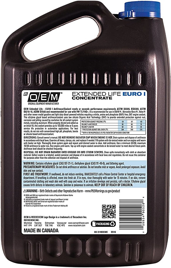 Recochem OEM Extended Life Euro I Blue Concentrate Antifreeze/Coolant (4 x 1 Gal) - 86-314BOEME