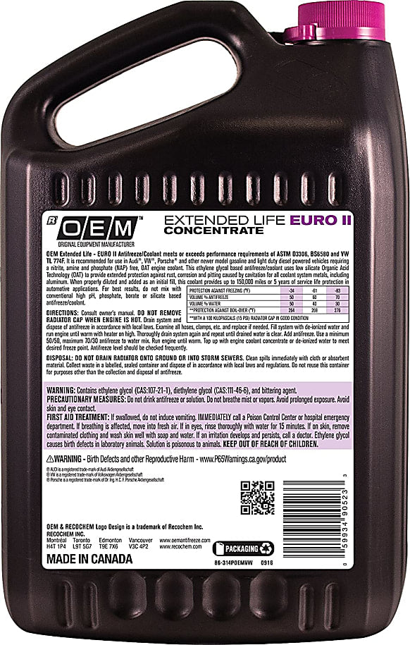 OEM Extended Life Euro II Pink Antifreeze/Coolant Concentrate (4 x 1 Gal) - 86-314POEMVW