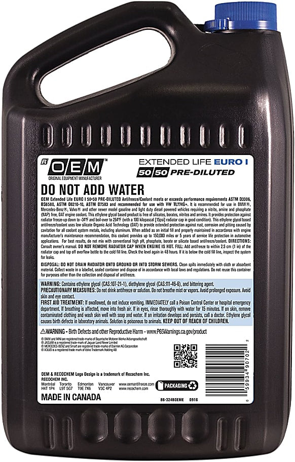 Recochem OEM Extended Life Euro I Blue 50/50 Antifreeze/Coolant (4 x 1 Gal) - 86-324BOEME