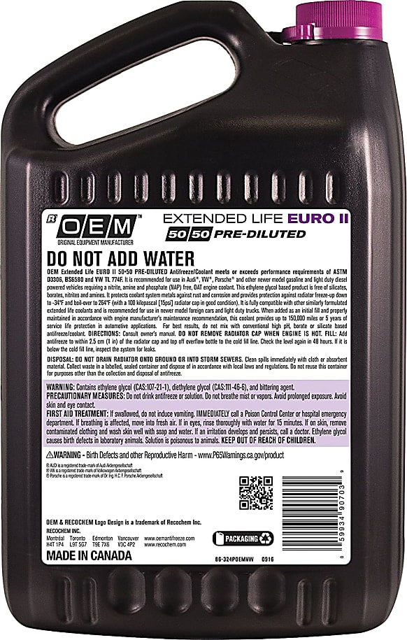 Recochem OEM Extended Life Euro II Pink/Purple 50/50 Antifreeze/Coolant for VW/Audi/Porsche (4 x 1 Gal) - 86-324POEMVW