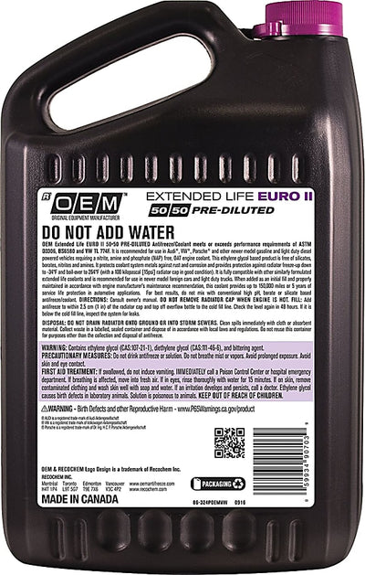Recochem OEM Extended Life Euro II Pink/Purple 50/50 Antifreeze/Coolant for VW/Audi/Porsche (4 x 1 Gal) - 86-324POEMVW