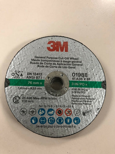 3M General Purpose Cut-Off Wheel 3 in x 1/16 in x 3/8 in (50/Box) - 01988