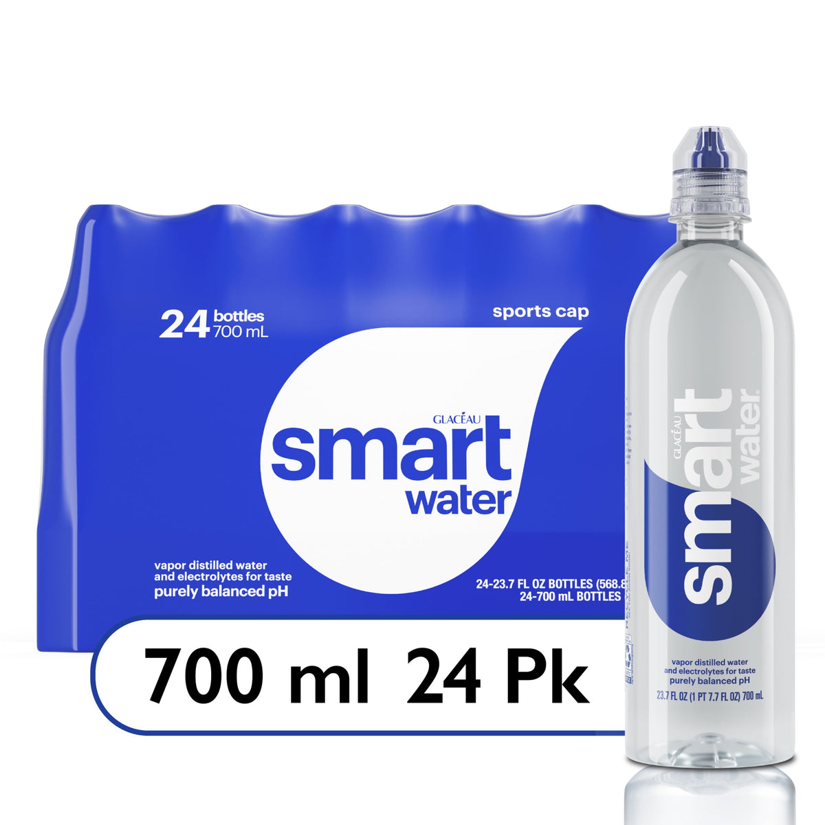 smartwater Vapor Distilled Water, 700 mL Sport Cap Bottles - Case of 24