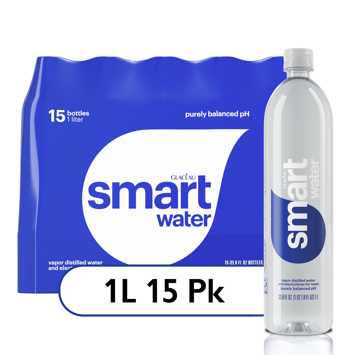 smartwater Vapor Distilled Premium Water, 1 Liter Bottles - Pack of 15
