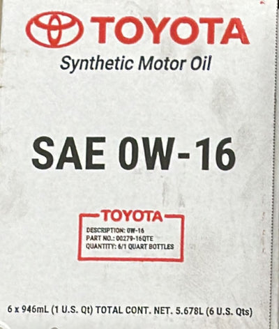 00279-16QTE TOYOTA FULL SYNTHETIC 0W16 MOTOR OIL 6/1 QTS